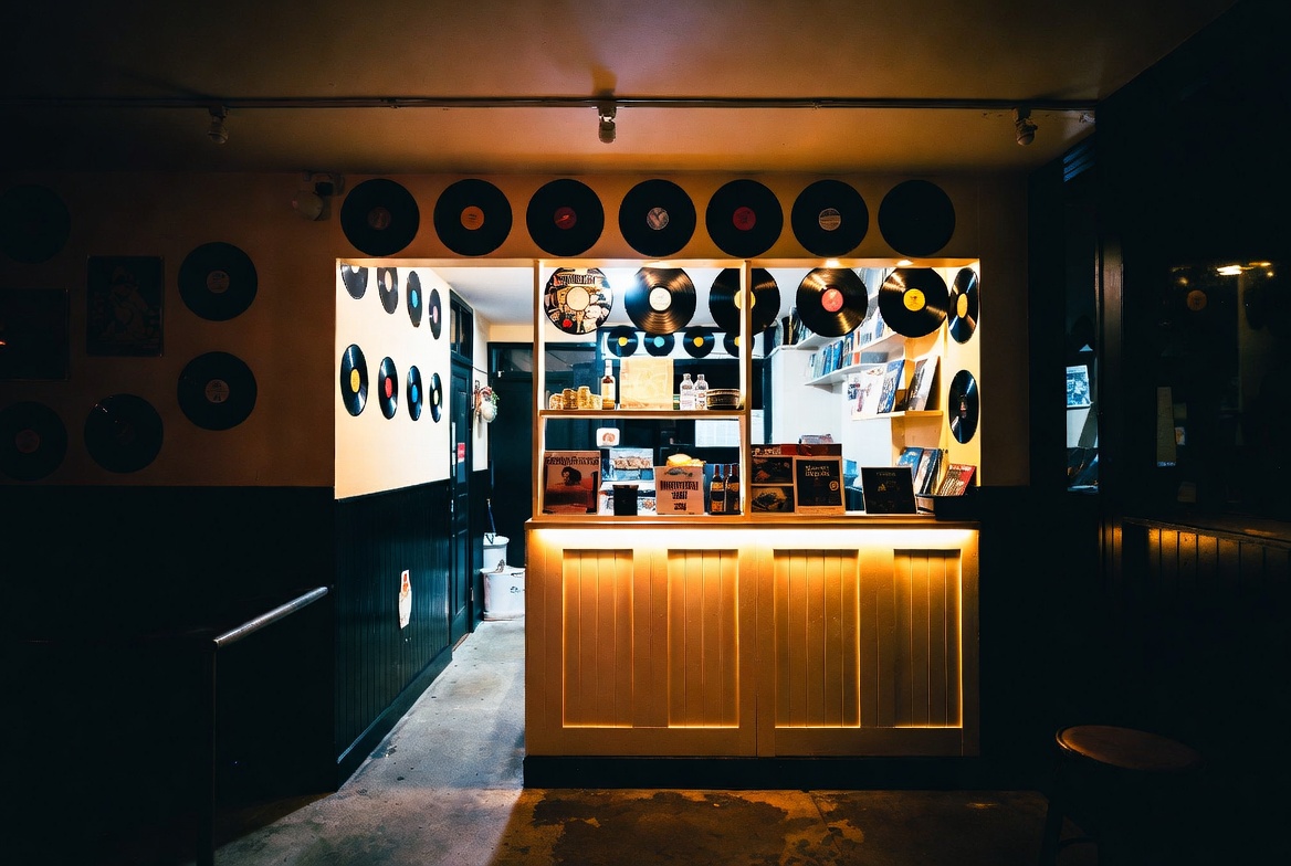 Chip shop counter with vinyl records on the walls